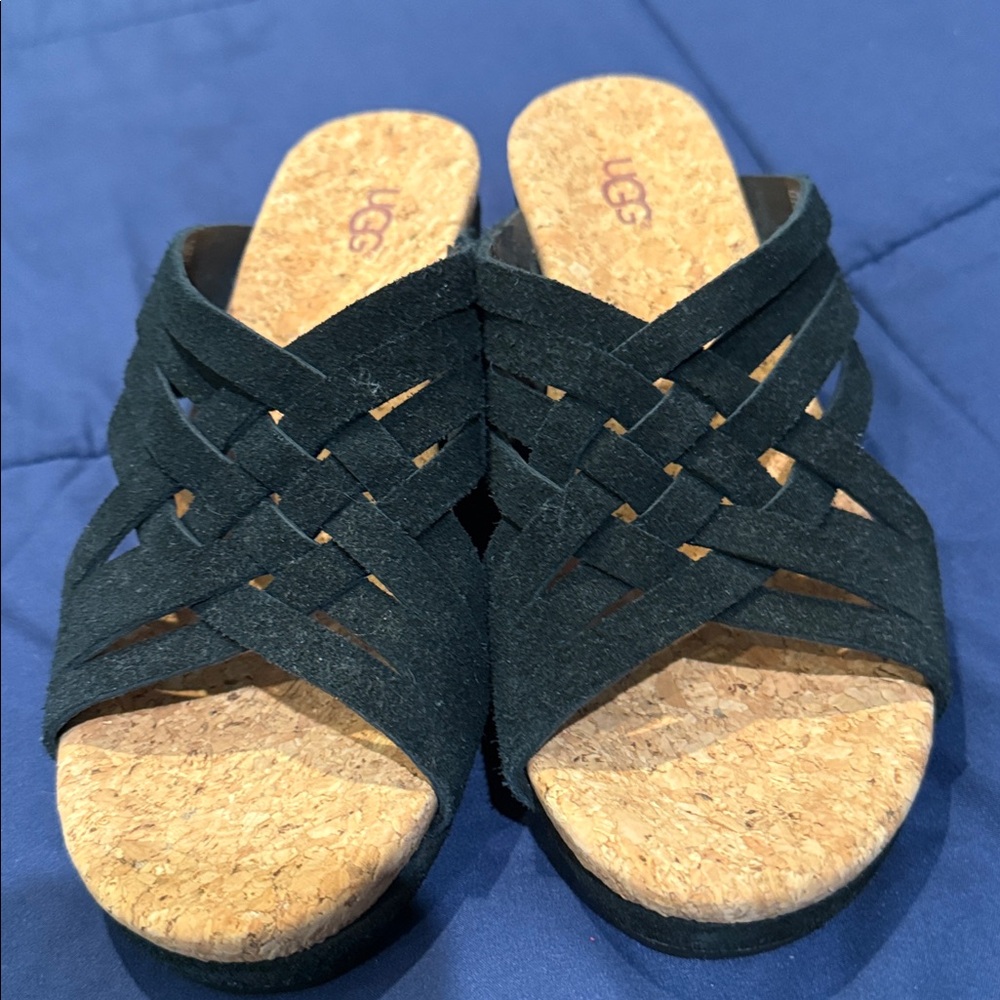 UGG Black Crisscross Cork Wedge Sandals NWOT size 7